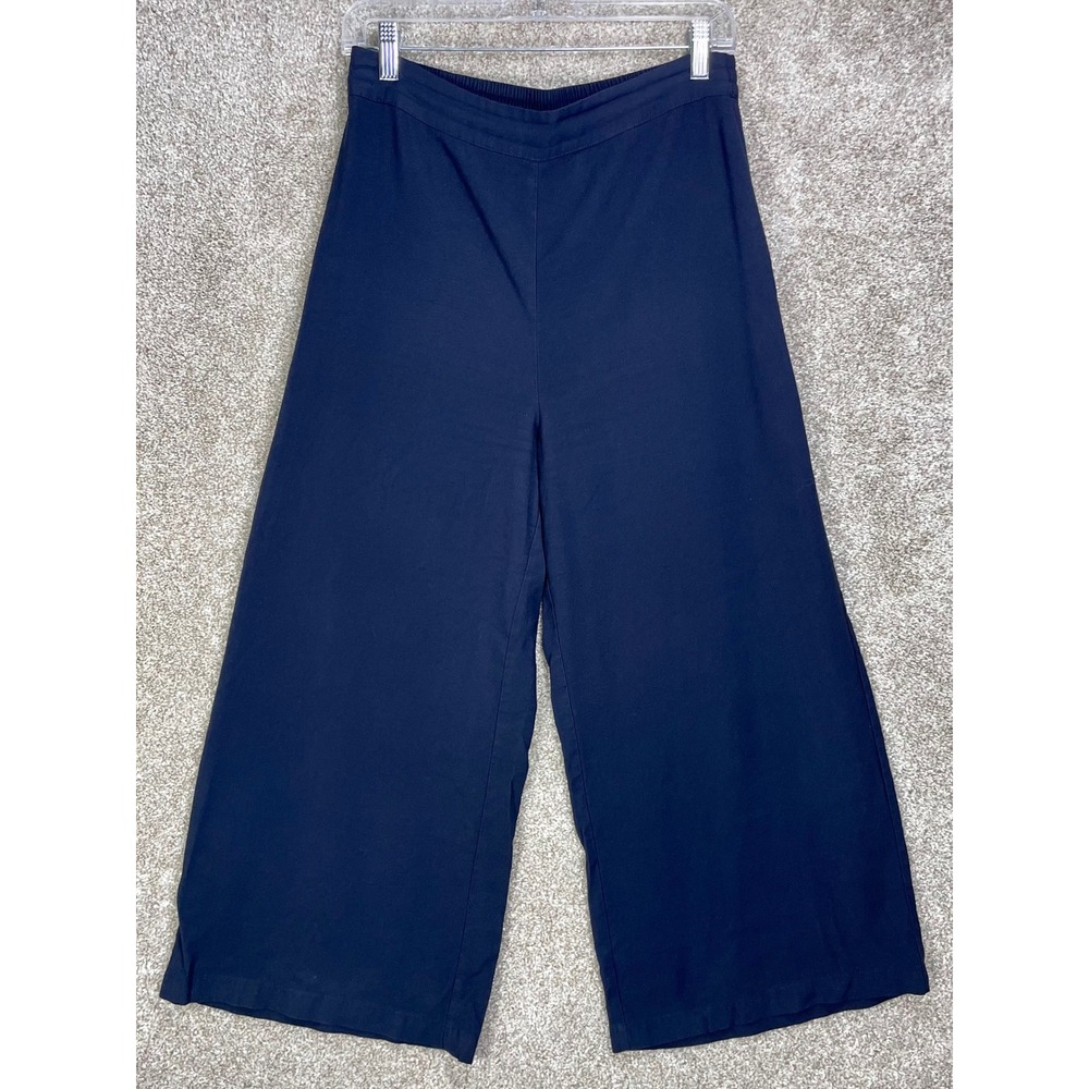 MNG Mango Wide Leg Cropped Pants Women M Navy Blue Elastic Waist Stretch Pullon